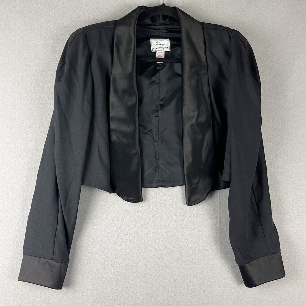 Vintage Pantagis for Audrey Jones Bolero Jacket Womens 16 Black Satin Trim 80s